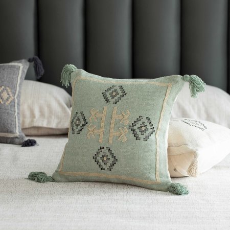 Deerlux 16" Handwoven Cotton Throw Pillow Cover with Tribal Aztec Design and Tassel Corners, Green QI004312.GN